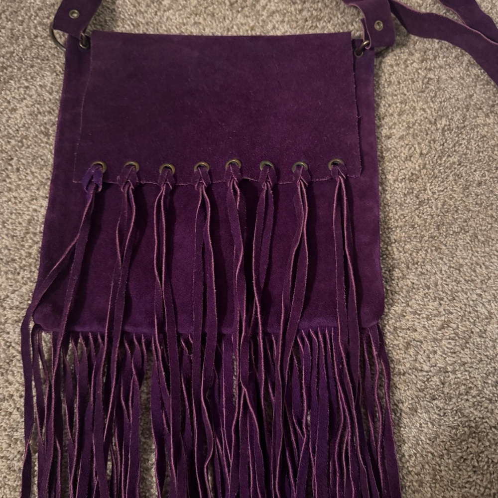 Vintage Purple Suede Leather Long Fringe Flap Shoulder Crossbody Bag - Picture 2 of 8